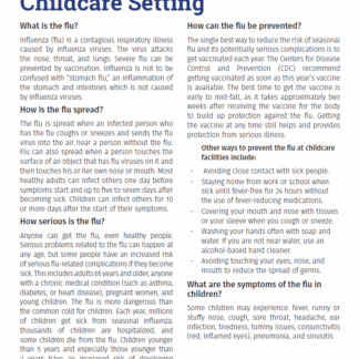 Influenza (Flu) Fact Sheet for Child-Care Settings (Bilingual). Rev: 07/2018