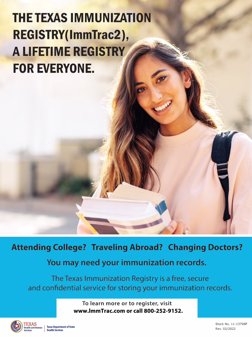 “A Lifetime Registry for Everyone” - Texas Immunization Registry (ImmTrac2) Poster.
