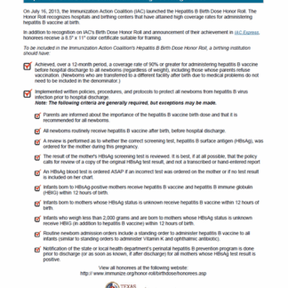 Perinatal Hepatitis B “Birth Dose Honor Roll” (English). Rev: 07/2021