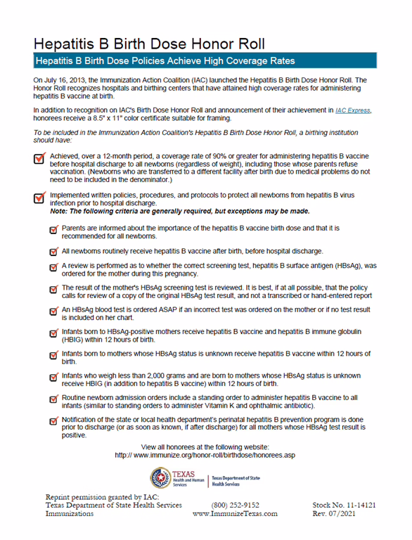 Perinatal Hepatitis B “Birth Dose Honor Roll”.
