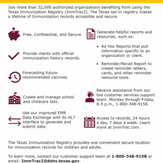 “Provider Benefits of Using the Texas Immunization Registry (ImmTrac2)” - Texas Immunization Registry (ImmTrac2) Flyer (English).
