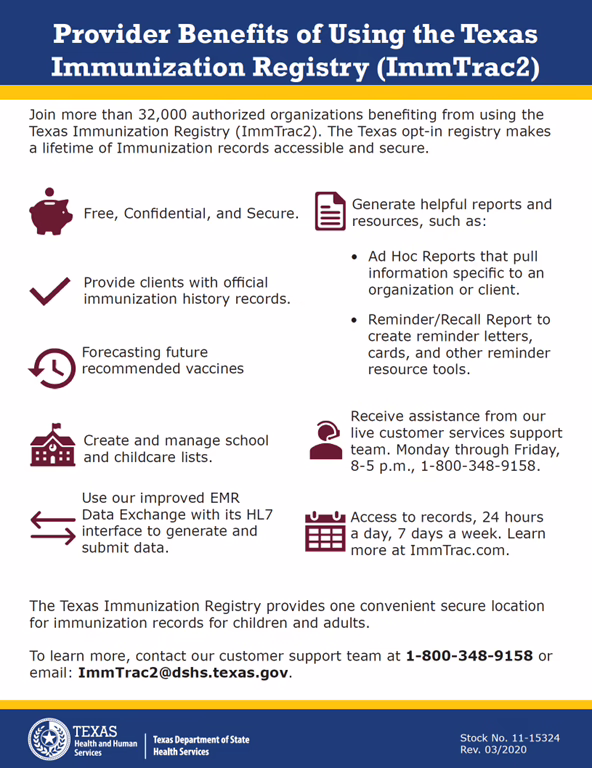 “Provider Benefits of Using the Texas Immunization Registry (ImmTrac2)” - Texas Immunization Registry (ImmTrac2) Flyer.