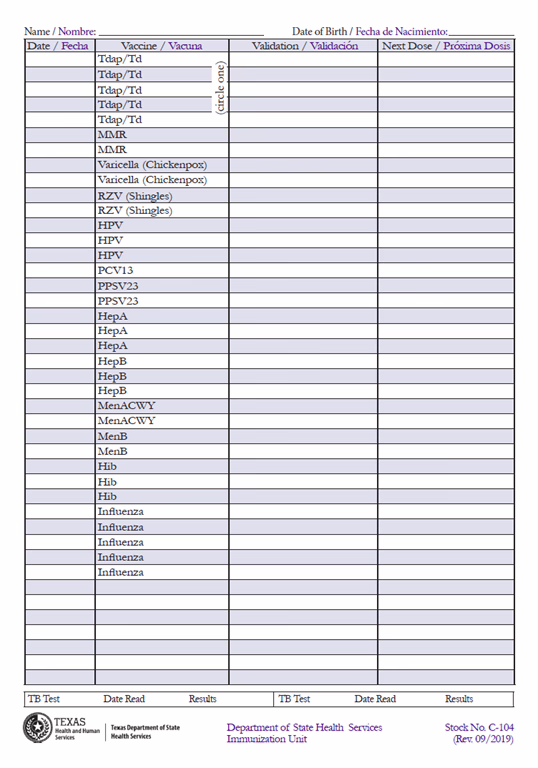 Adult Immunization Record Card.