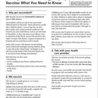 “Haemophilus influenzae type b (Hib) Vaccine What You Need to Know” Vaccine Information Statement (VIS) (English). Rev: 08/2021
