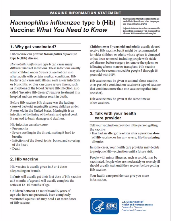 “Haemophilus influenzae type b (Hib) Vaccine What You Need to Know” Vaccine Information Statement (VIS).