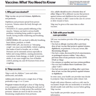 “TDAP (Tetanus, Diphtheria, and Pertussis) Vaccine - What You Need to Know” Vaccine Information Statement (VIS) (English). - Rev: 01/2025