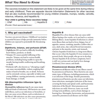 “Your Child's First Vaccines What You Need to Know” Multi-Vaccine, Vaccine Information Statement (VIS).