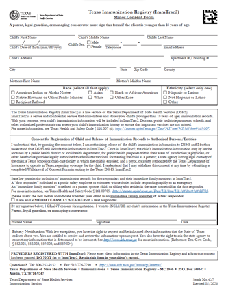 “Texas Immunization Registry (ImmTrac2) Minor Consent Form”