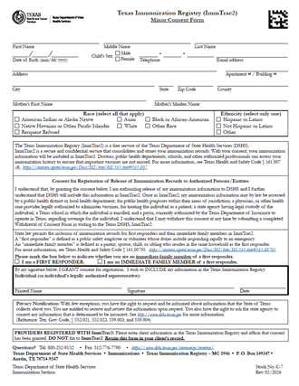 “Texas Immunization Registry (ImmTrac2) Minor Consent Form”