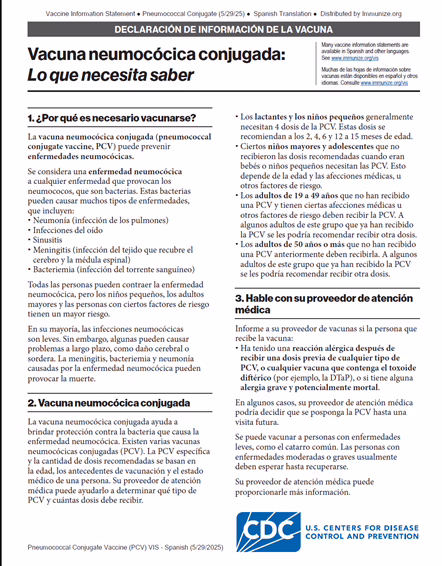 “Pneumococcal Conjugate Vaccine (PCV) What you need to know” Vaccine Information Statement (VIS).