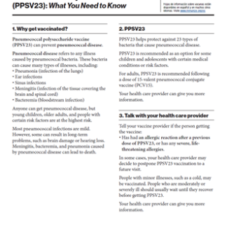 “Pneumococcal Polysaccharide Vaccine (PPSV23) What You Need to Know” Vaccine Information Statement (VIS).