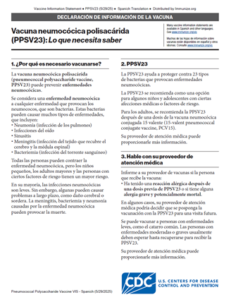 Pneumococcal Polysaccharide Vaccine (PPSV23) What You Need to Know” Vaccine Information Statement (VIS)