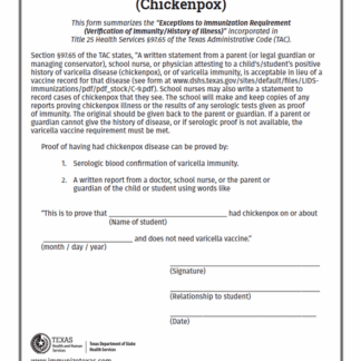 “Documenting History of Illness Varicella (Chickenpox) Form (Bilingual). Rev: 04/2024