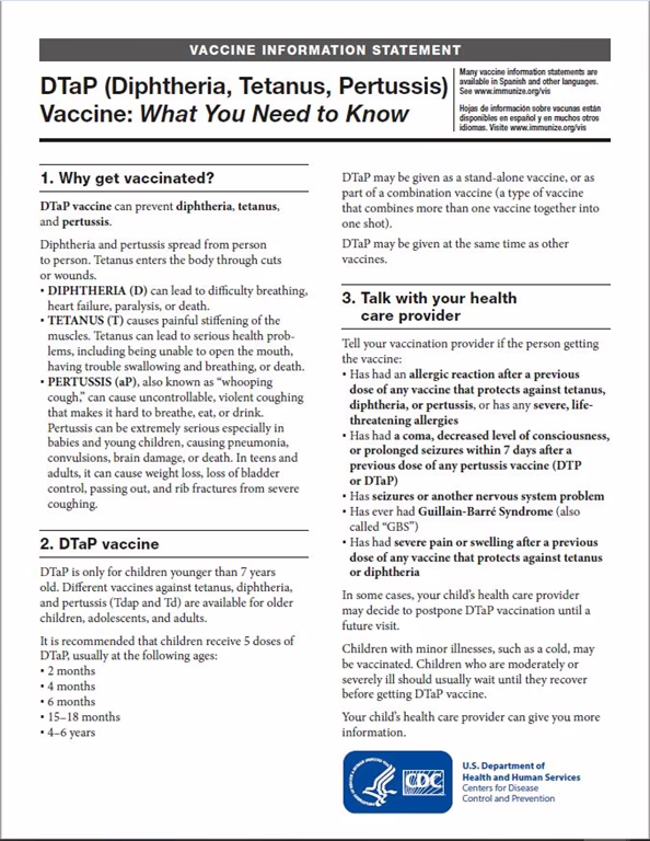 “DTaP (Diphtheria, Tetanus, Pertussis) Vaccine What You Need to Know” Vaccine Information Statement (VIS).