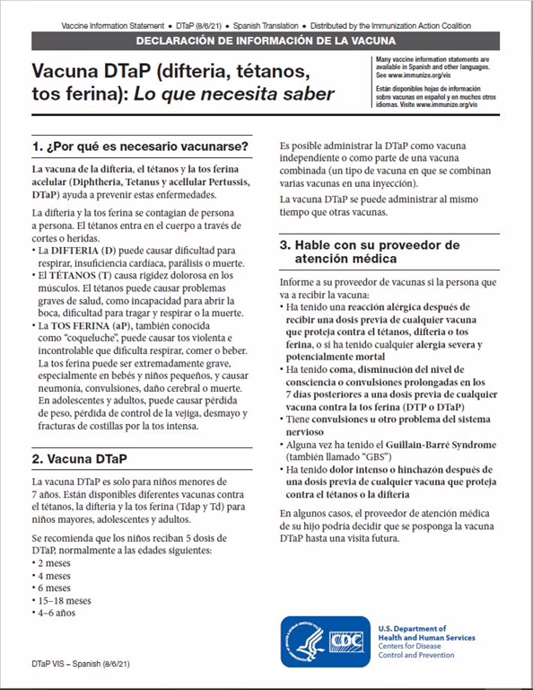 “DTaP (Diphtheria, Tetanus, Pertussis) Vaccine What You Need to Know” Vaccine Information Statement (VIS).