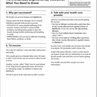 “Td Vaccine (Tetanus and Diphtheria) What You Need to Know” Vaccine Information Statement (VIS) (English). Rev: 08/2021
