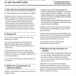 “Td Vaccine (Tetanus and Diphtheria) What You Need to Know” Vaccine Information Statement (VIS) (Spanish). Rev: 08/2021