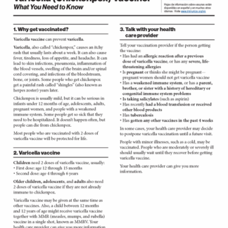 “Varicella (Chickenpox) Vaccine” What You Need to Know” Vaccine Information Statement (VIS) (English) - Rev: 01/2025