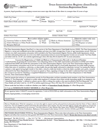 Texas Immunization Registry (ImmTrac2) “Newborn Registration Form”.