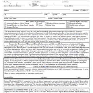 “Texas Immunization Registry (ImmTrac2) - Disaster Information Retention Consent Form.