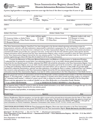 “Texas Immunization Registry (ImmTrac2) - Disaster Information Retention Consent Form.