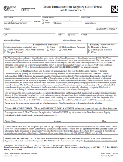 “Texas Immunization Registry (ImmTrac2) “Adult Consent Form”