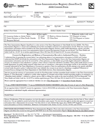 “Texas Immunization Registry (ImmTrac2) “Adult Consent Form”