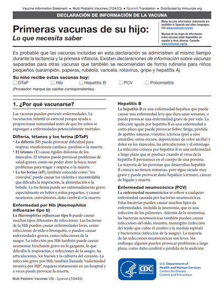 “Your Child's First Vaccines What You Need to Know” Multi-Vaccine, Vaccine Information Statement (VIS) (Spanish).