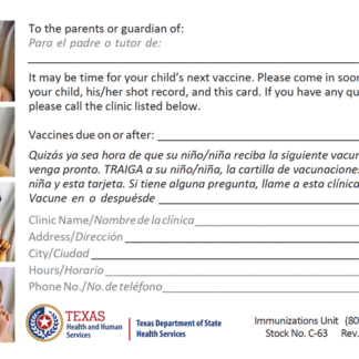 “It’s time for your child’s next vaccine” Postcard Bilingual