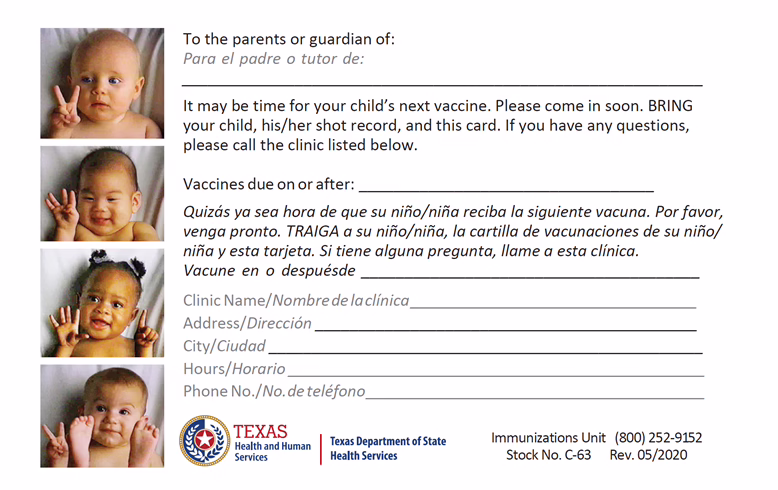“It’s time for your child’s next vaccine” Postcard Bilingual