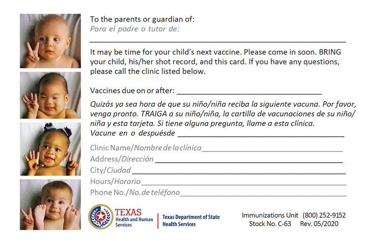 “It’s time for your child’s next vaccine” Postcard Bilingual