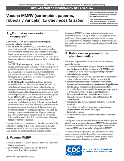 “MMRV (Measles, Mumps, Rubella, and Varicella) Vaccine What You Need to Know” Vaccine Information Statement (VIS) (Spanish)