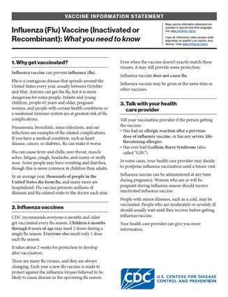 Influenza (Flu) Vaccine (Inactivated or Recombinant): What You Need to Know Vaccine Information Statement (VIS) (English)