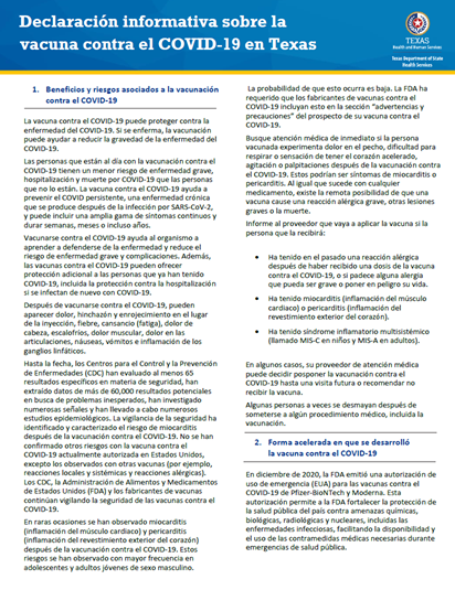 Texas COVID-19 Vaccine Information Statement - Spanish