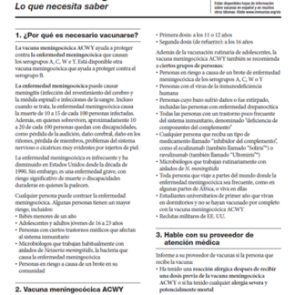 “Meningococcal ACWY Vaccine: What You Need to Know” Vaccine Information Statement (VIS)