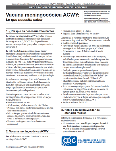 “Meningococcal ACWY Vaccine: What You Need to Know” Vaccine Information Statement (VIS)