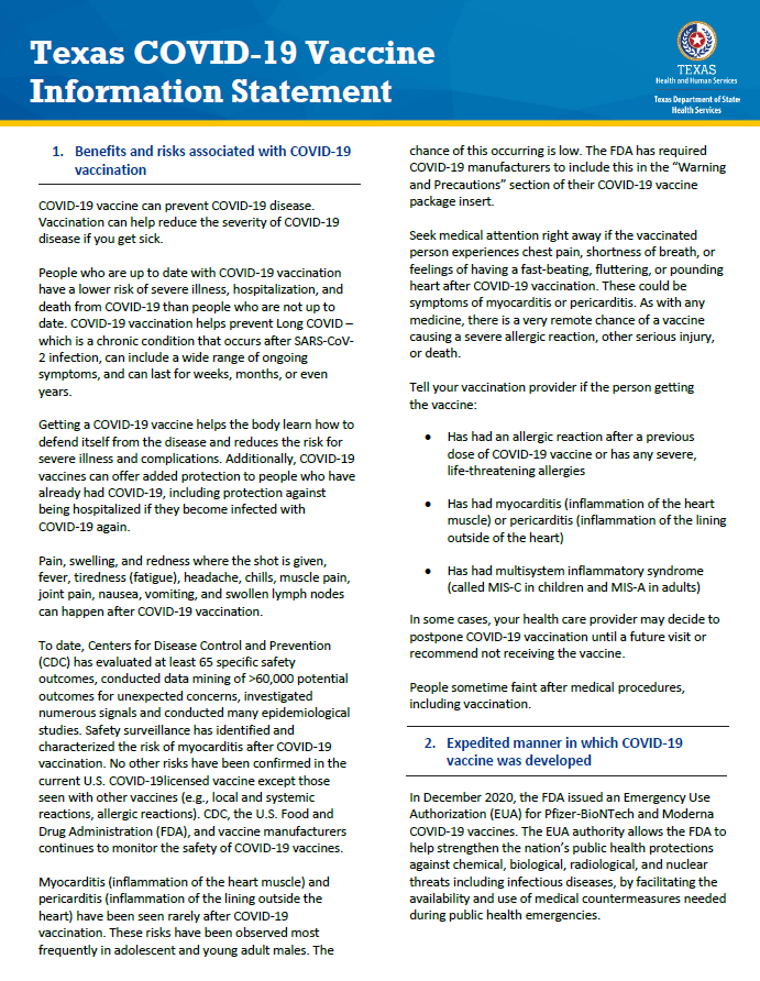 Texas COVID-19 Vaccine Information Statement - English